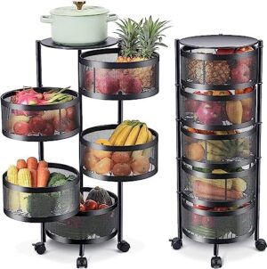 ALIZA Storage Trolley - 5 Tier Kitchen Storage Shelf Round Steel Basket - Multilayer Rotating Storage Trolley with 4 Movable Wheels for Fruits & Vegetable - Perfect Kitchen Storage