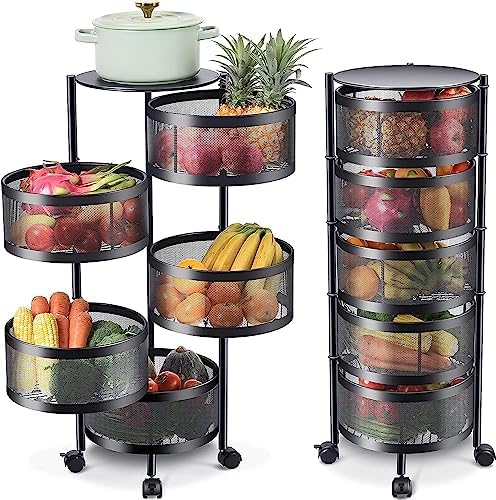 ALIZA Storage Trolley - 5 Tier Kitchen Storage Shelf Round Steel Basket - Multilayer Rotating Storage Trolley with 4 Movable Wheels for Fruits & Vegetable - Perfect Kitchen Storage