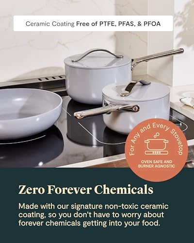 Caraway Nonstick Ceramic Cookware Set (12 Piece) Pots, Pans, Lids and Kitchen Storage - Non Toxic, PTFE & PFOA Free - Oven Safe & Compatible with All Stovetops (Gas, Electric & Induction) - Cream