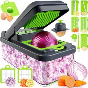 11-in-1 Vegetable Chopper, 7 Blade Veggie Chopper, Practical Food Chopper with Container, Cheese Grater, Home Essentials & Kitchen Gadgets(Green/Grey)