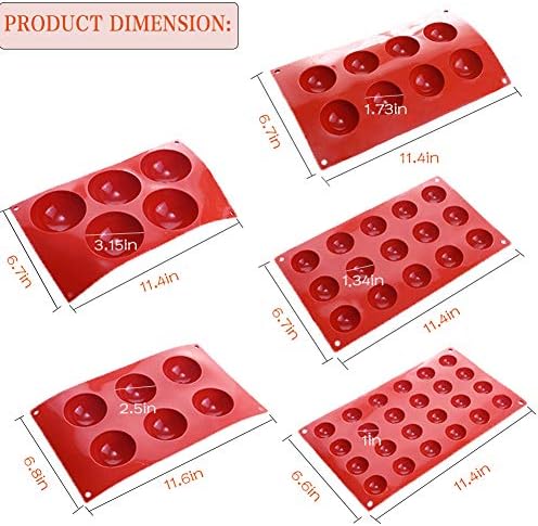 5Pack Sphere Silicone Molds, Silicon Dome mold semi sphere Baking Mould for Making Candy, Chocolate,Cake,Jelly,Variety Sizes(Brick Red)