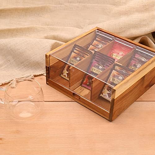 HTB Acacia Wood Tea Bag Organizer Storage, 6 Compartments Tea Chest Box with Acrylic Transparent Hinged Lid