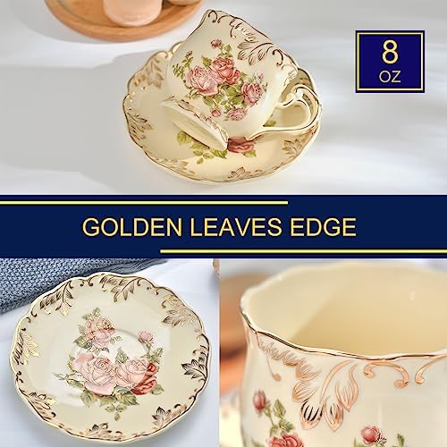 YOLIFE Tea Cups and Saucers Set, Vintage Fancy Tea Set With 3-Tier Pastry Stand, Tea Party Service for 2, Off-White Rose A004-2