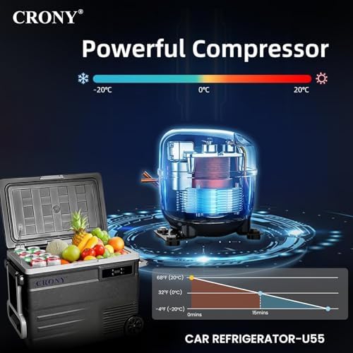 CRONY U55 12V/24DV Car Refrigerator 55L Electric Cooler Car Fridge APP Bluetooth Control -20°C to 20°C, Portable with Wheels Freezer for Camping Travel Outdoor, Dual Power Options