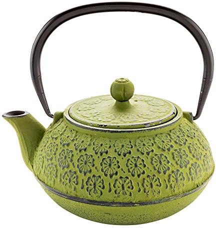 Restaurantware-30 Ounce Japanese Teapot, 1 Enamel Coated Japanese Tea Kettle - Cherry Blossom Design, Includes Mesh Strainer, Green Cast Iron Primitive Kettle, For Teabags And Loose Leaf Tea