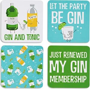 Pavilion Gift Company Gin & Tonic Sentiment, Pattern And Character Holder 4" (4 Piece) Coaster Set With Box, 4 Inch Square, Multicolor