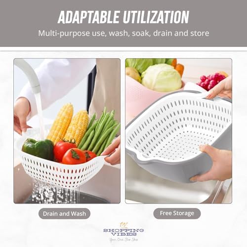 From Farm to Feast: Home Chef's 6 Pieces Colander with bowl for Gourmet Cooking Adventures, Food Strainer for Pasta Veggies and Fruits, 3 Sets - 2 in 1 Drain Basin & Basket (Grey & White)