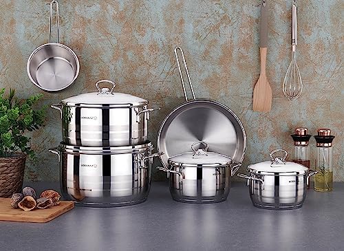Korkmaz Astra 9 Pcs Tri-Ply Bottom Stainless Steel Cookware Set | Sandwich Bottom Induction Compatible Pots and Pans Set | Silver - KA2020
