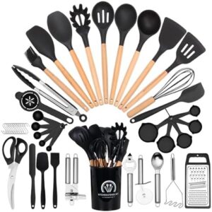 ARCHAEOPTERYX Kitchen Cooking Utensils Set, 46 pcs Non-Stick Silicone Cooking Kitchen Utensils Spatula Set with Holder, Wooden Handle Silicone Kitchen Heat Resistant Gadgets Utensil Set (Black)