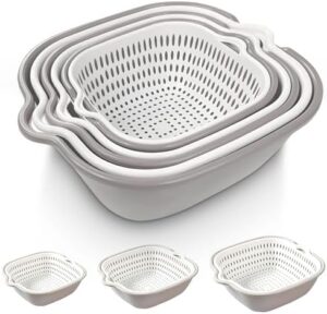 From Farm to Feast: Home Chef's 6 Pieces Colander with bowl for Gourmet Cooking Adventures, Food Strainer for Pasta Veggies and Fruits, 3 Sets - 2 in 1 Drain Basin & Basket (Grey & White)