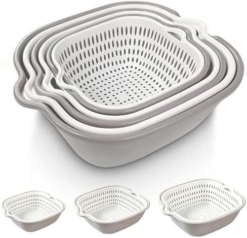 From Farm to Feast: Home Chef's 6 Pieces Colander with bowl for Gourmet Cooking Adventures, Food Strainer for Pasta Veggies and Fruits, 3 Sets - 2 in 1 Drain Basin & Basket (Grey & White)