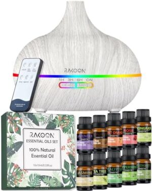 Rakoon Ultimate Aromatherapy Diffuser & Essential Oil Set, Essential Oil Diffusers for Home with Top 10 Essential Oils, 550ml Air Diffuser for Large Room, 4 Timer & 15 Ambient Light