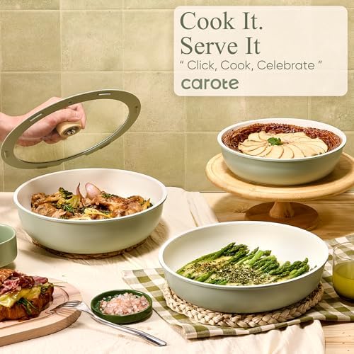 CAROTE Pots and Pans Set, Nonstick Cookware Set Detachable Handle, 15pcs Induction Kitchen Cookware Sets Non Stick with Removable Handle, RV Cookware Set, Oven Safe, Sage Green