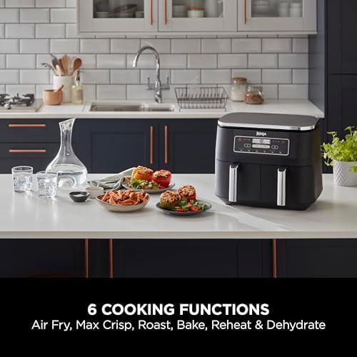 Ninja Foodi Dual Zone Digital Air Fryer, 2 Drawers, 7.6L, 6-in-1, Air Fry, Max Crisp, Roast, Bake, Dehydrate, Cooks 4-6 Portions, Non-Stick, Dishwasher Safe Baskets, Black, AF300ME, 2 Years Warranty