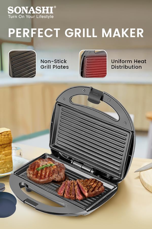 Sonashi 2 Slice Non-Stick Sandwich Grill SGT-853N – Stainless Steel Sandwich Maker with Handle Locking System, Indicator Light, Overheat Protection | Kitchen Appliances