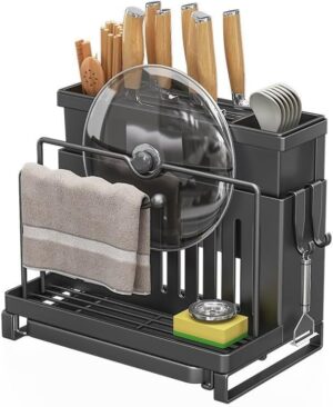 Wall-Mounted Knife Block Holder, Carbon Steel Kitchen Storage Rack with Draining Tray, Includes 2 Knife & Fork Holders and 4 Hooks.