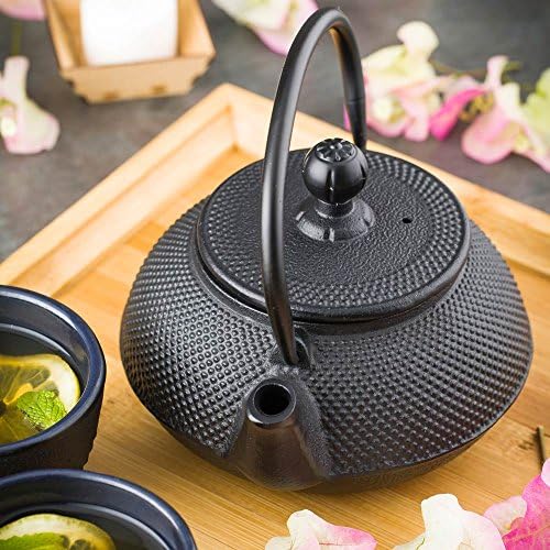 Restaurantware-Tetsubin 20 Ounce Cast Iron Teapot, 1 Hobnail Iron Teapot - With Strainer, Retains Heat, Black Japanese Tea Kettle, Curved Handle
