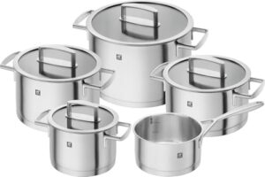 Zwilling Vitality 5pc Cookware set. 3-ply base. 18/10 Stainles steel body. Aluminum core. Stay-cool handles. Set Contains: 3 Stock pot, Stew pot, sauce pan, 3 lids. Zwilling